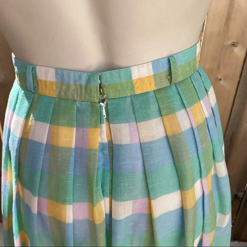 Vintage 70’s Pastel Blue green Yellow White Plaid Pleated Midi Skirt